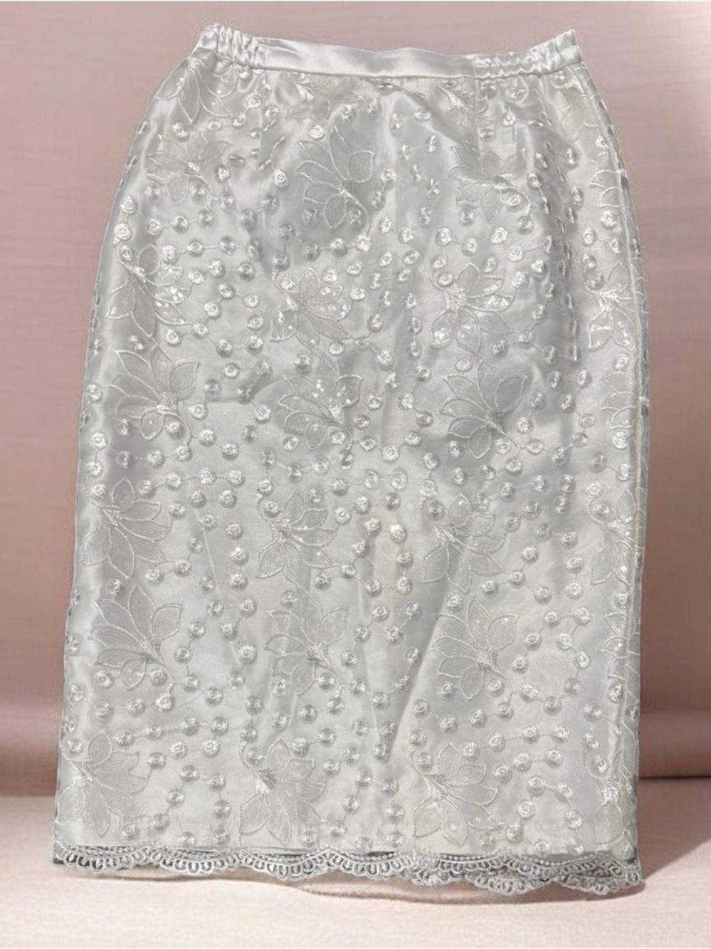 Terramina White Embroidered Floral Satin Pencil Midi Skirt Size 10